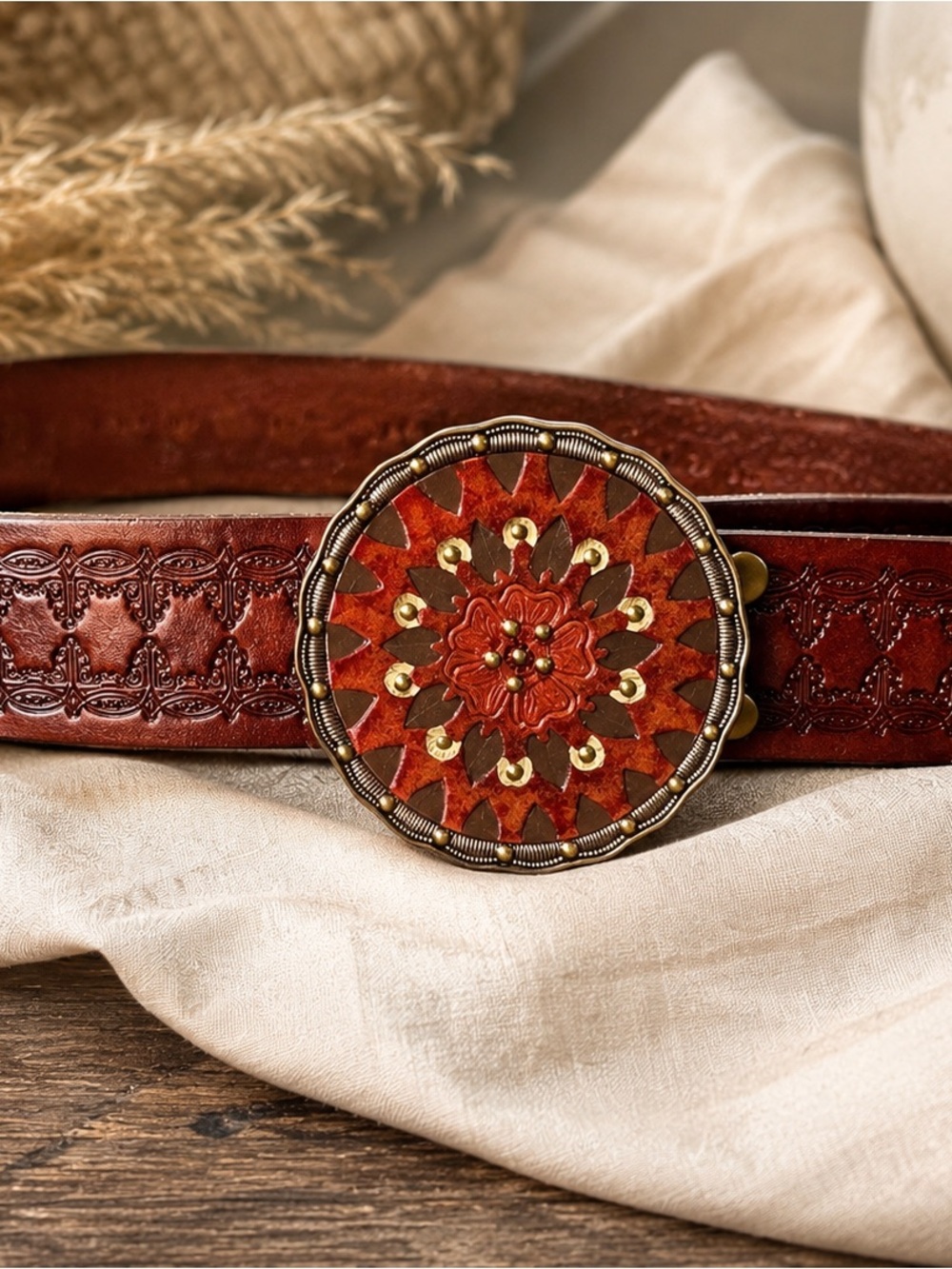 Fossil Genuine Leather Tooled Concho Belt Brown Western Boho Floral Medallion